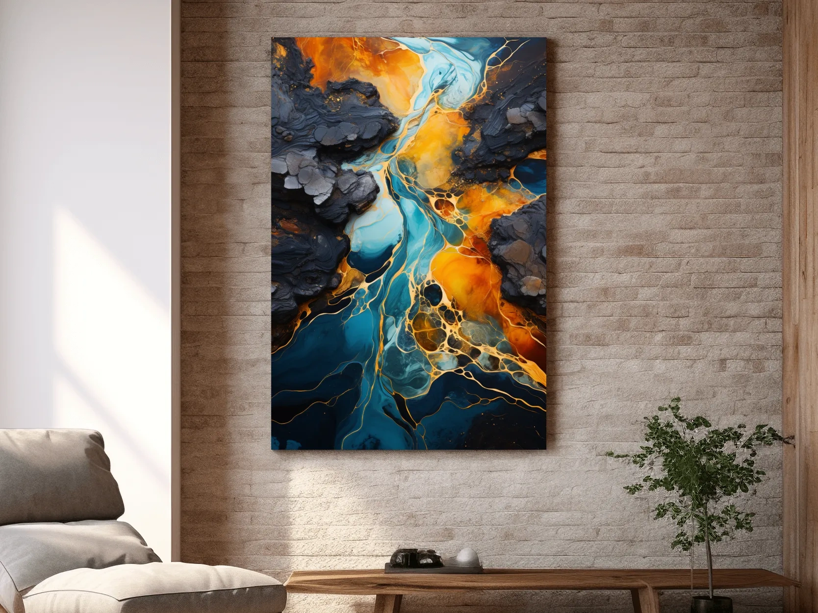 Elegant Gold And Teal Abstract Flowinf River - Alcohol Ink Style Wall Art