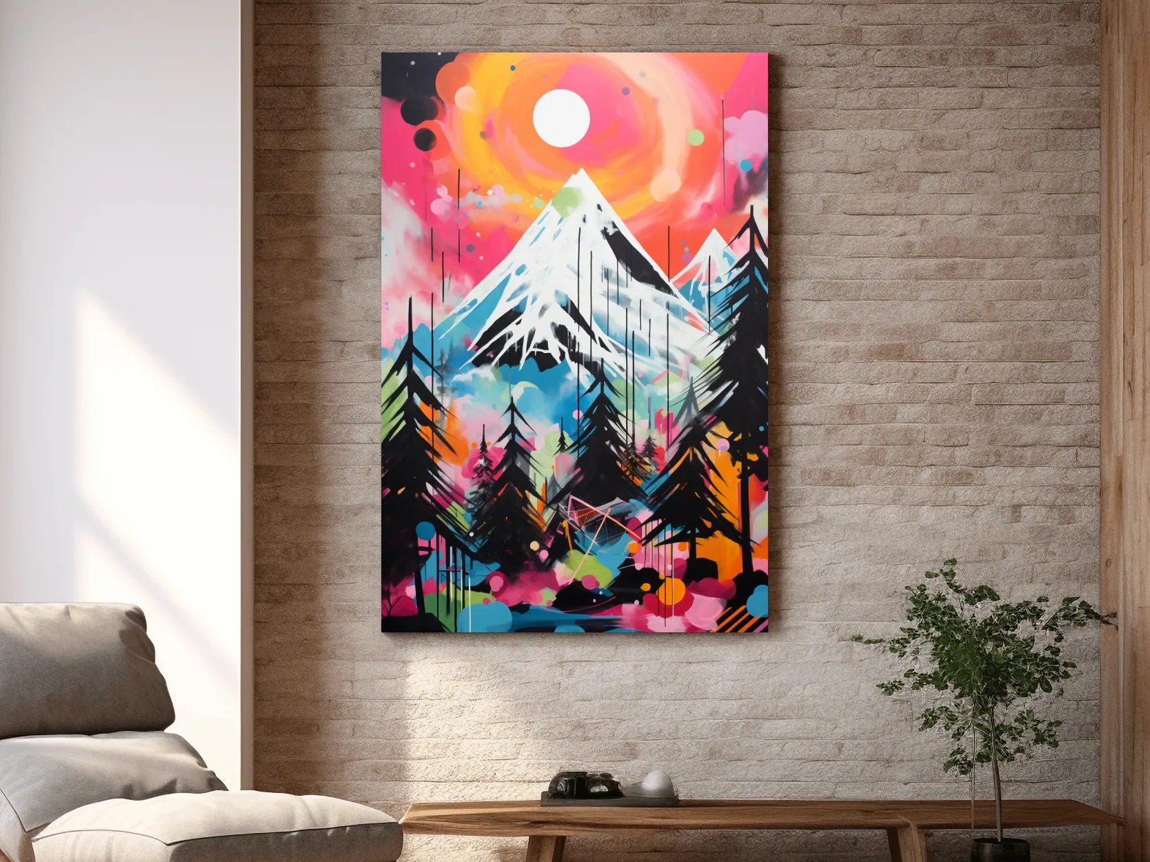 Vibrant Abstract Neon Mountain Glacier Sunset Painting - Colorful Alpine Wall Art