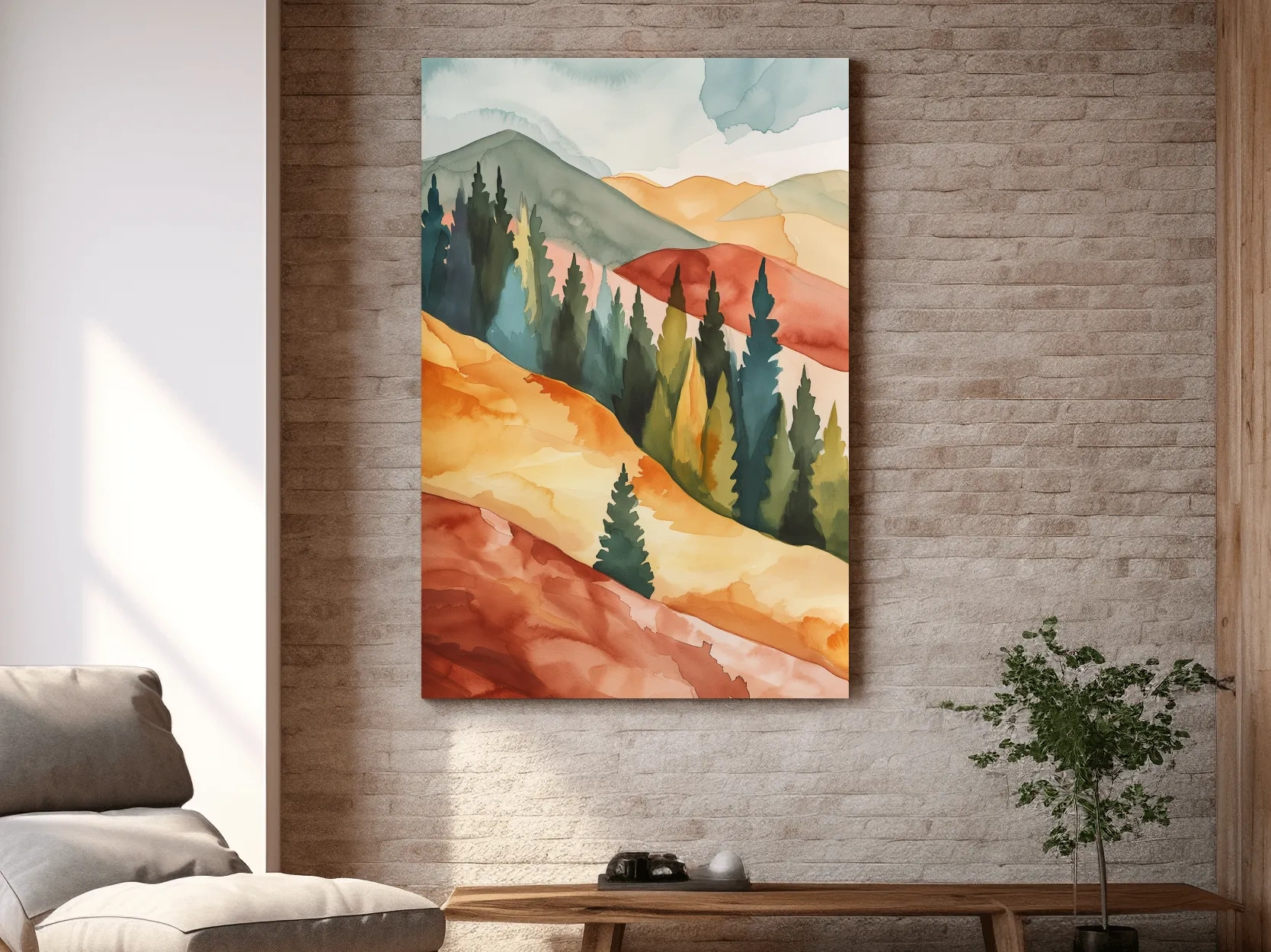 Rustic Autumn Watercolor Mountains & Pine Forest - Serene Abstract Landscape Wall Art