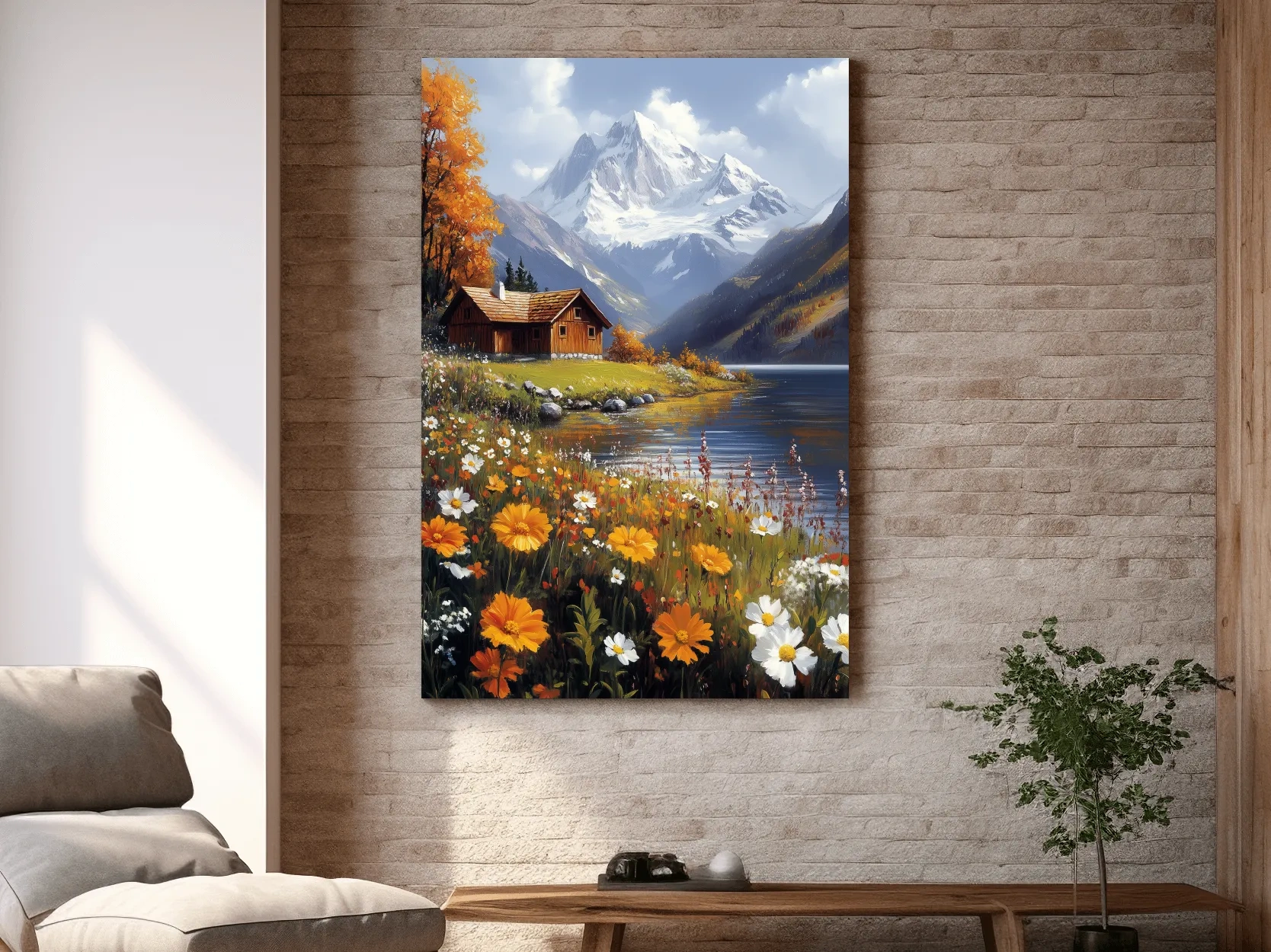 Autumn Alpine Lake Cabin Impressionist Painting - Snowcapped Mountain Wildflower Wall Art