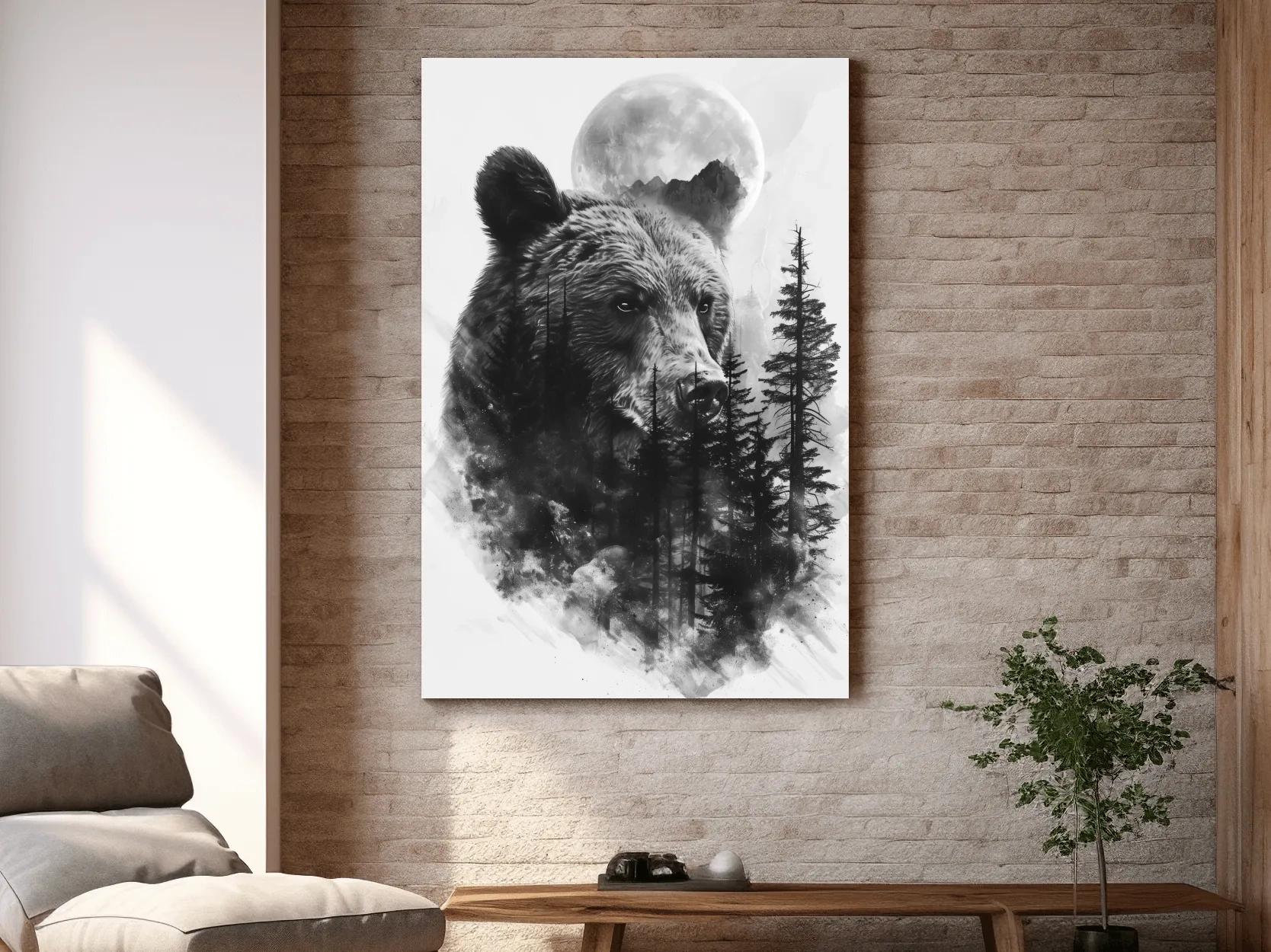 Grizzly Bear Moon Forest Drawing - Black And White Double Exposure Wildlife Wall Art