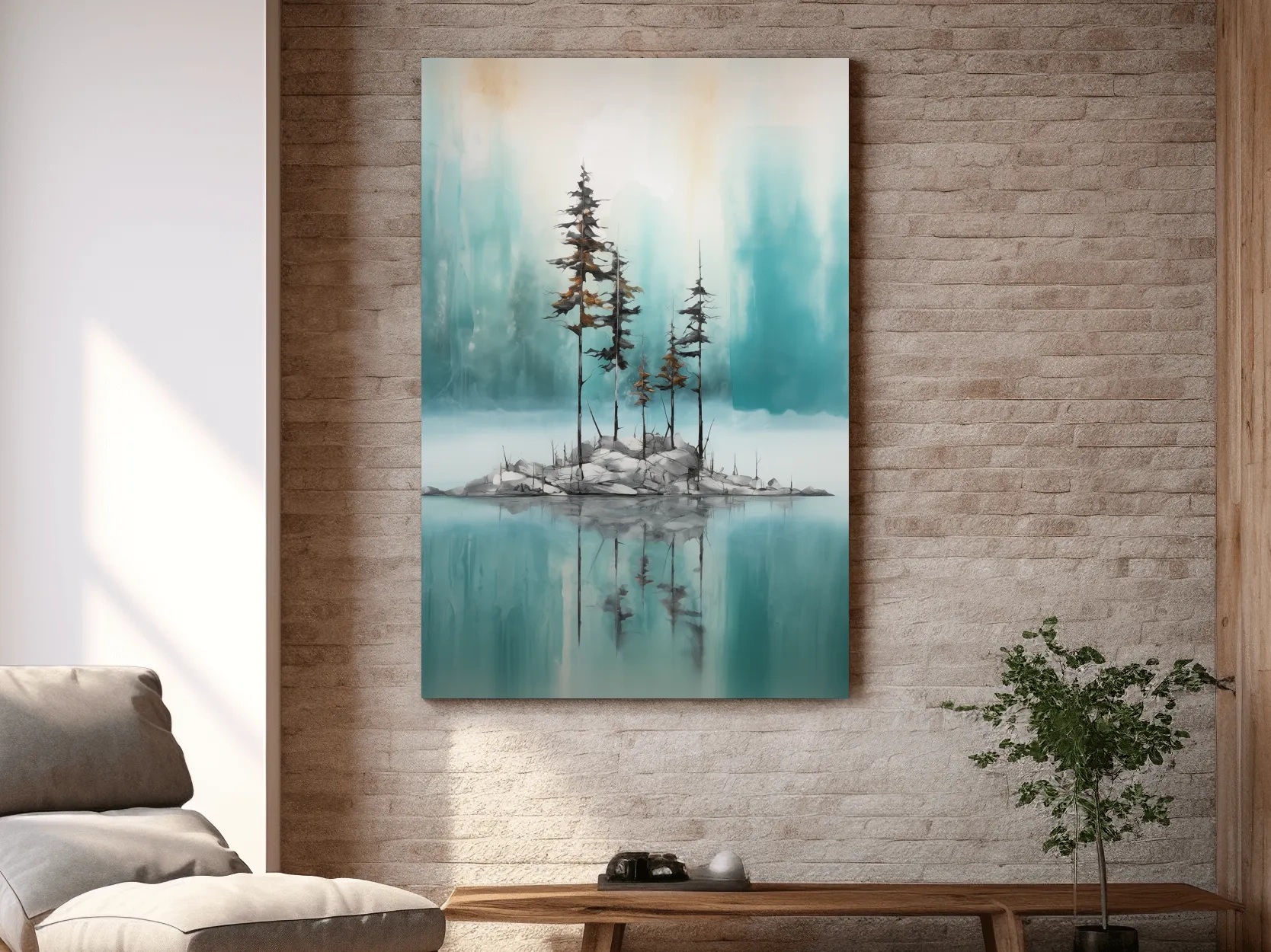 Misty Pine Trees Reflection - Watercolor Turquoise Alpine Lake Wall Art