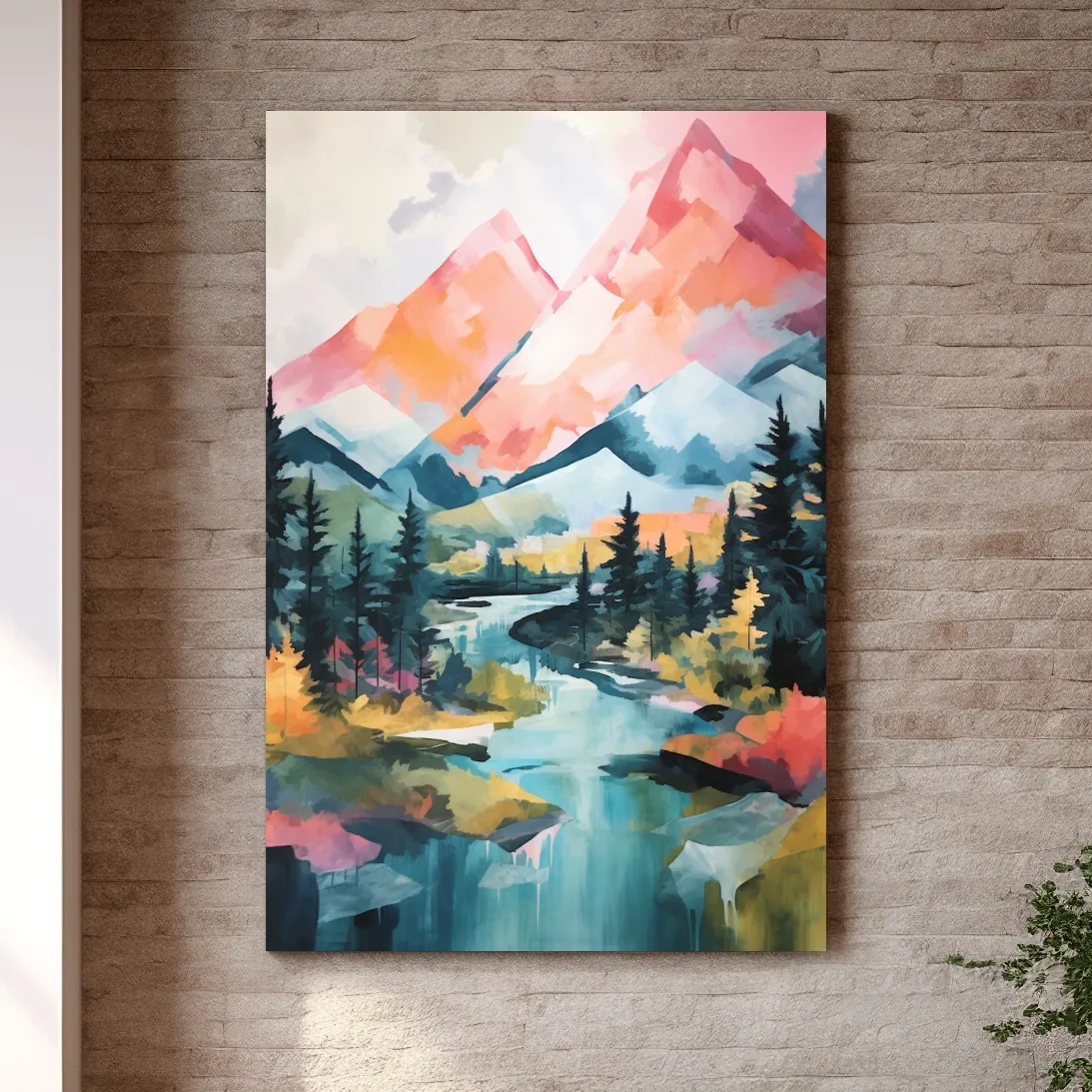 Vibrant Mountain River Landscape Painting - Colorful Alpine Forest Wall Art