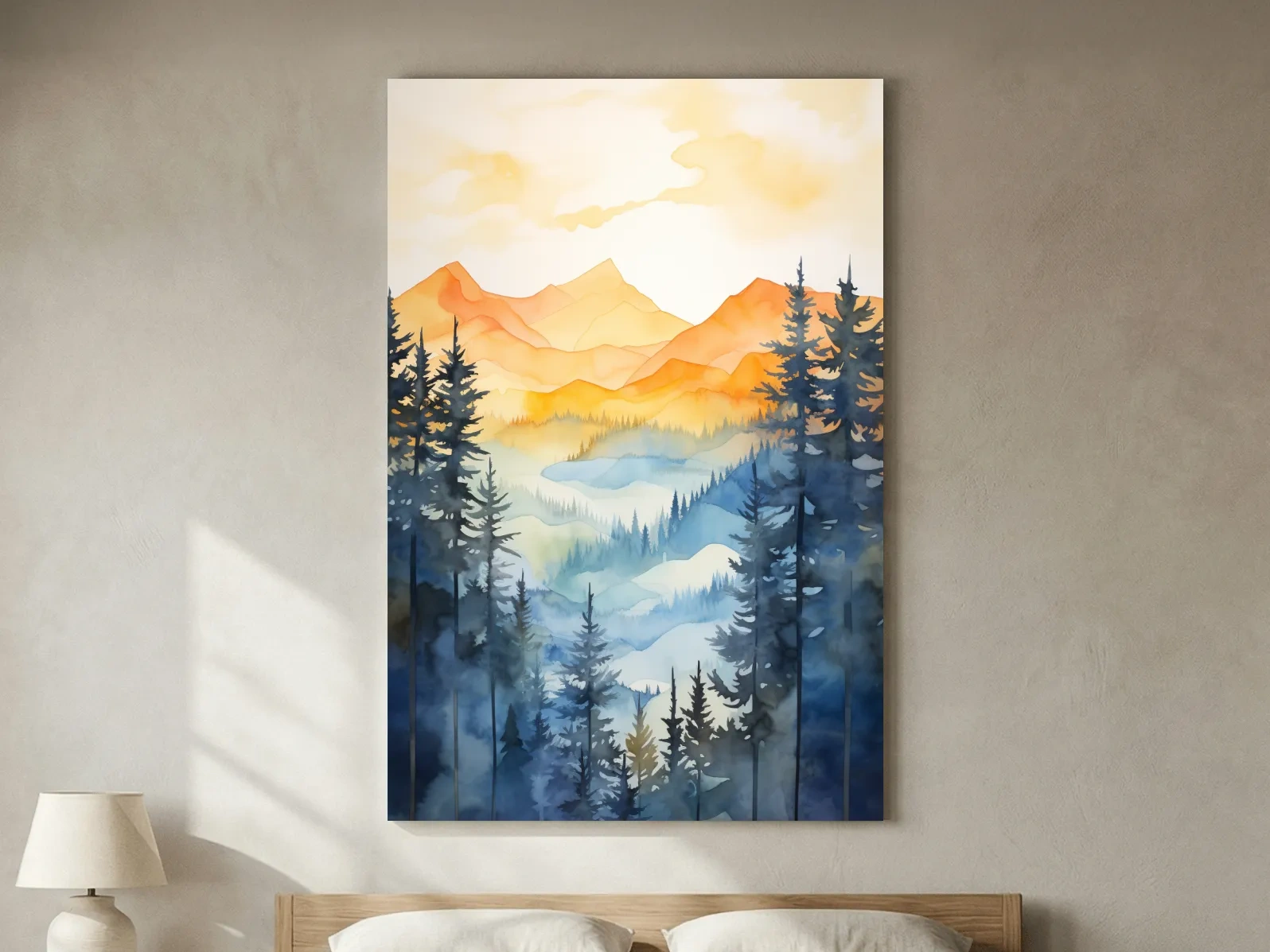 Golden Watercolor Mountain Sunrise Painting - Misty Alpine Forest Artwork