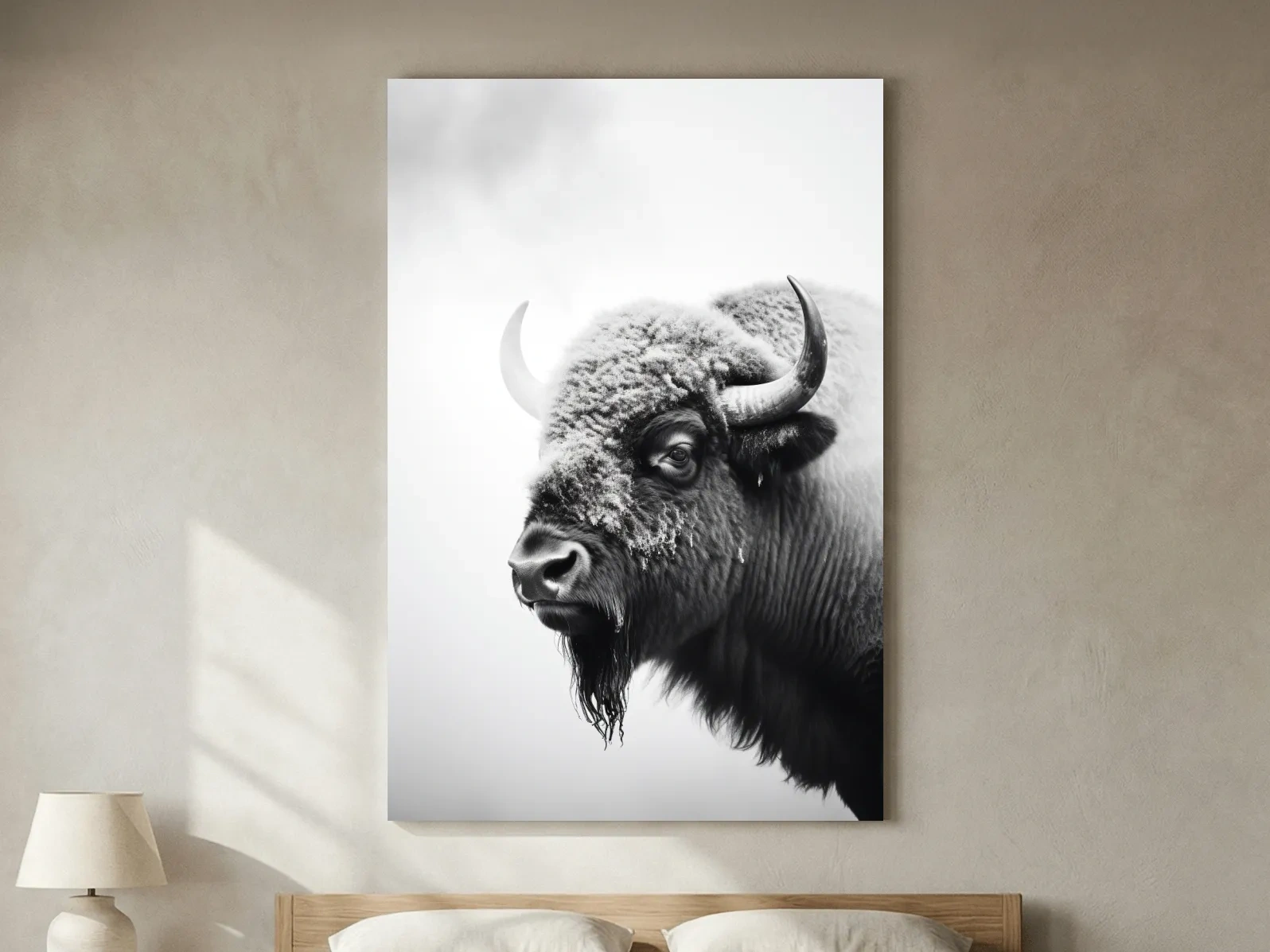 Moody Black And White Bison Portrait - Minimalist Photographic Wildlife Wall Art