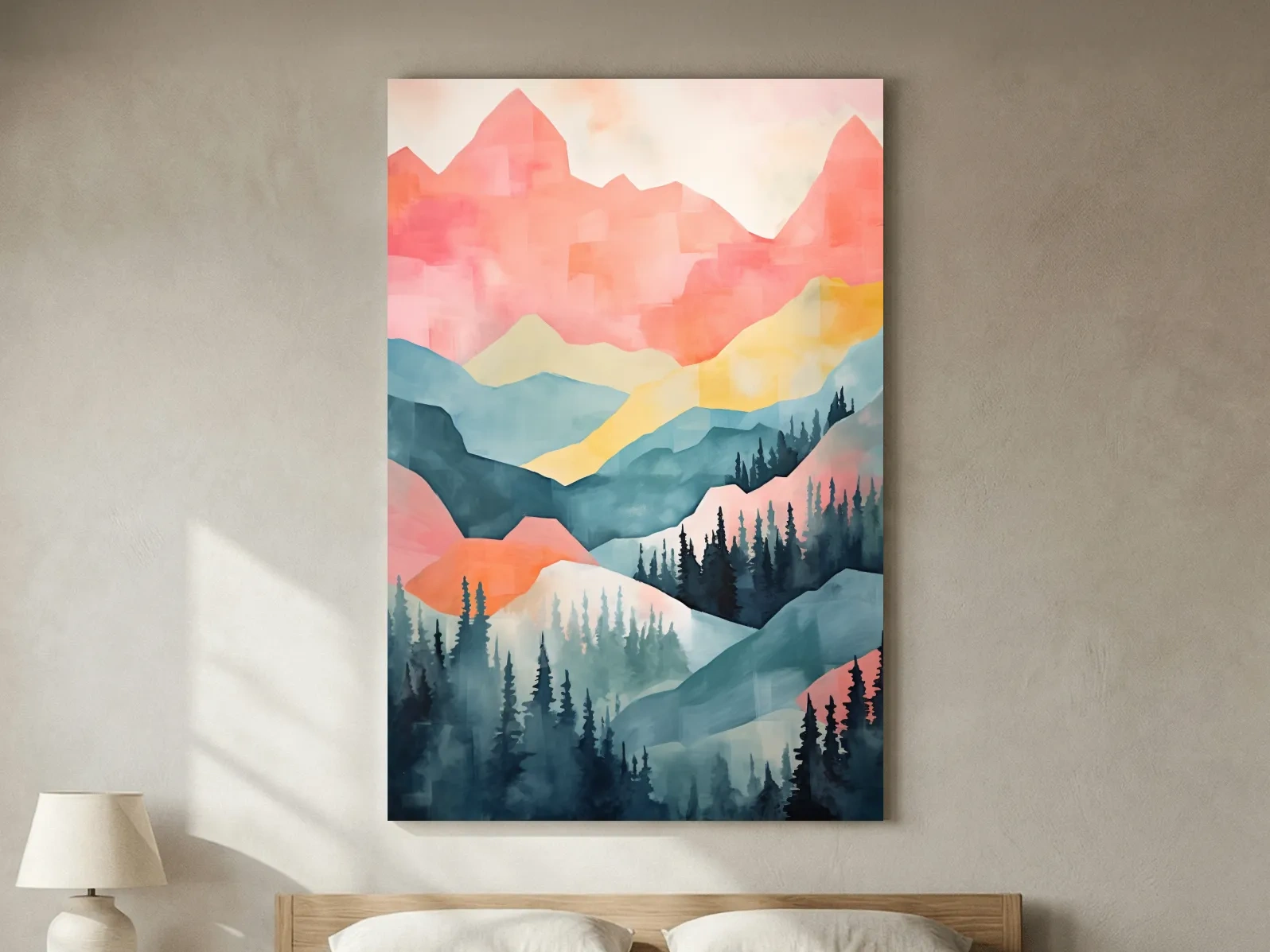 Abstract Watercolor Mountain Sunrise Landscape - Pastel Alpine Forest Wall Art