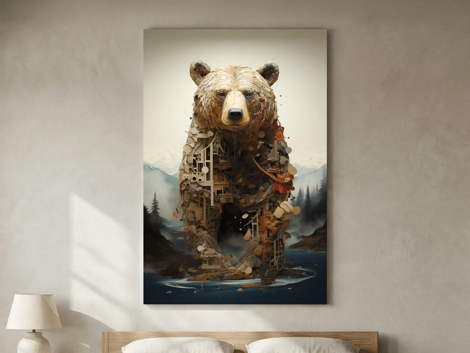 Surreal Grizzly Bear Collage Illustration - MC Escher Style Wildlife Wall Art