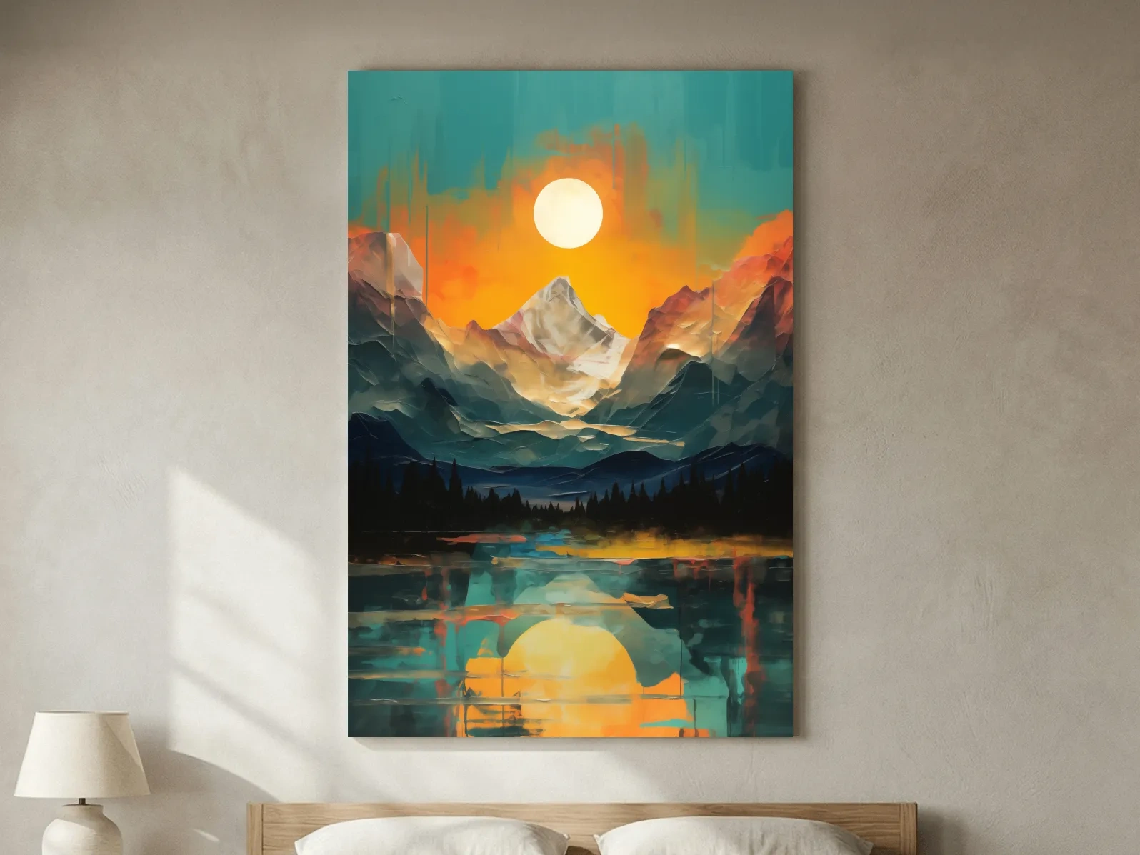 Vibrant Abstract Mountain Lake Sunset - Colorful Landscape Wall Art