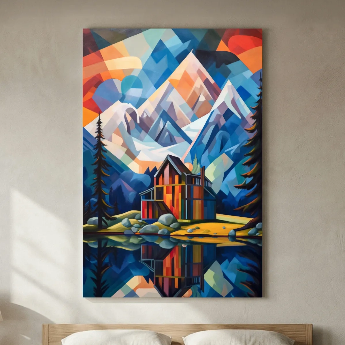 Vibrant Geometric Mountain Lake Cabin Painting - Abstract Alpine Wall Art