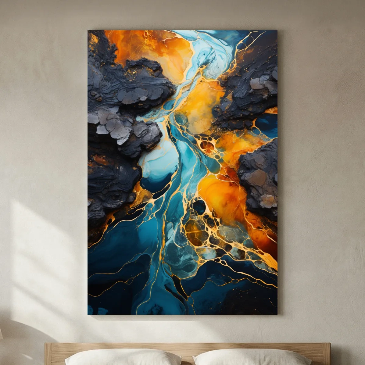 Elegant Gold And Teal Abstract Flowinf River - Alcohol Ink Style Wall Art