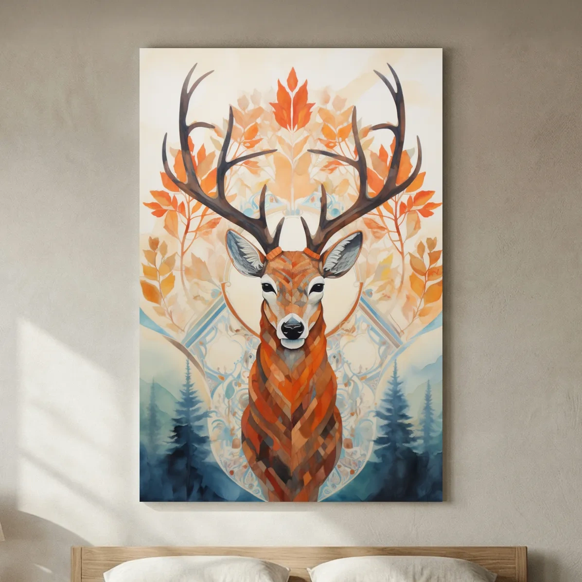 Ornate Stag Deer Watercolor Portrait - Autumn Woodland Wildlife Wall Art