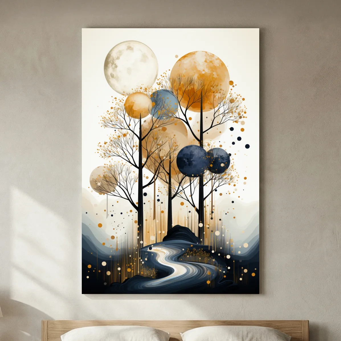 Surreal Golden Moonlit Forest River - Chic Boho Landscape Wall Art