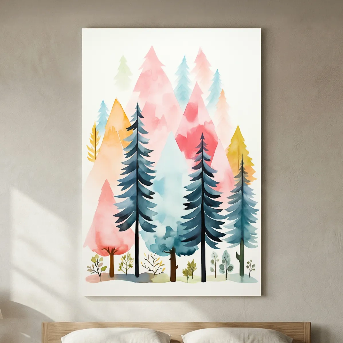Pastel Watercolor Pine Forest - Colorful Scandinavian Nature Wall Art