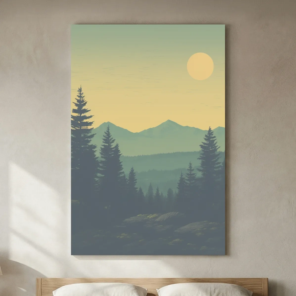 Minimalist Hazy Mountain Sunrise Landscape - Serene Alpine Forest Wall Art