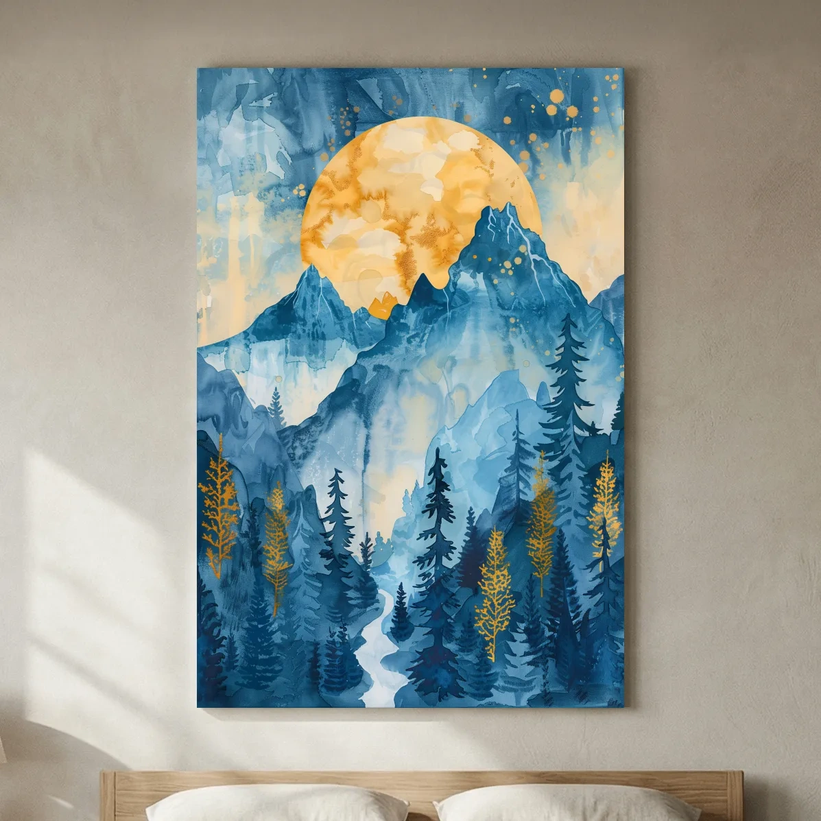 Alpine Sunset Watercolor Painting - Mountain Forest Landscape Wall Art