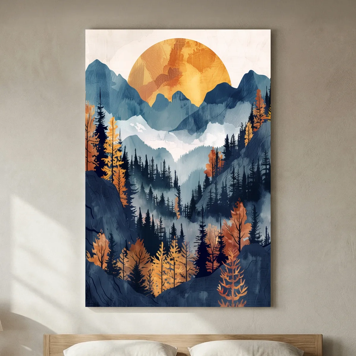 Foggy Autumn Alpine Forest Sunset - Modern Watercolor Mountain Wall Art