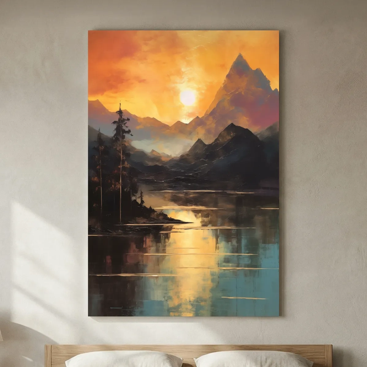 Golden Sunset Alpine Lake Reflection - Mountain Oil Painting Wall Art