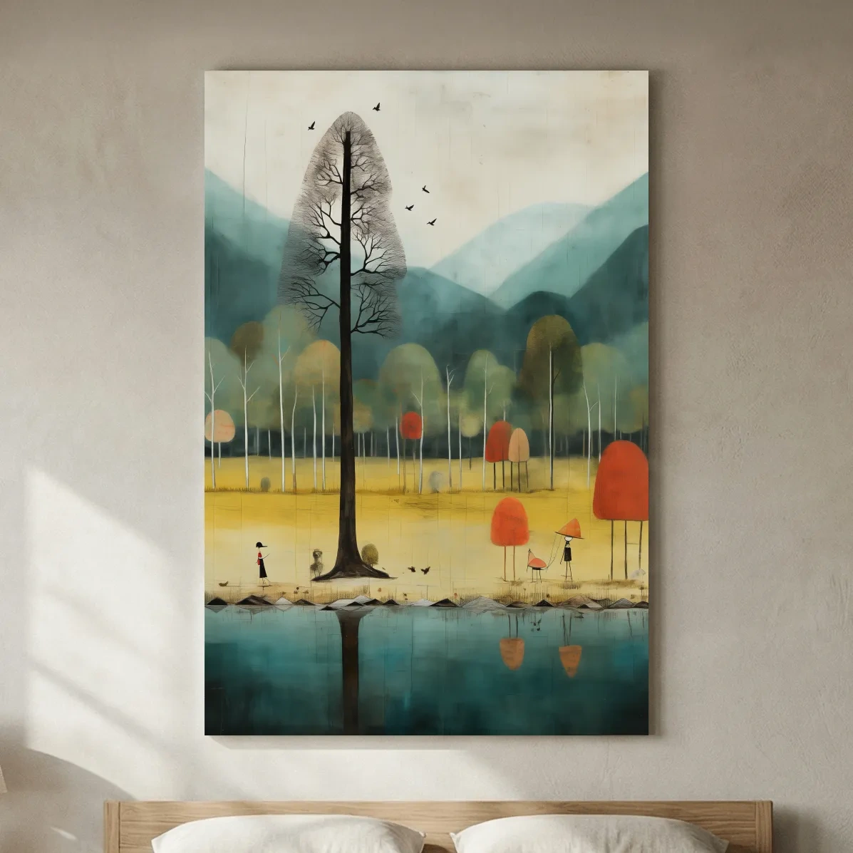 Whimsical Autumn Forest Lake Landscape - Quirky Nature Wall Art
