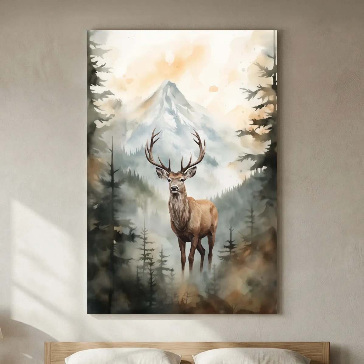 Watercolor Stag In Misty Mountain Forest - Serene Wildlife Wall Art