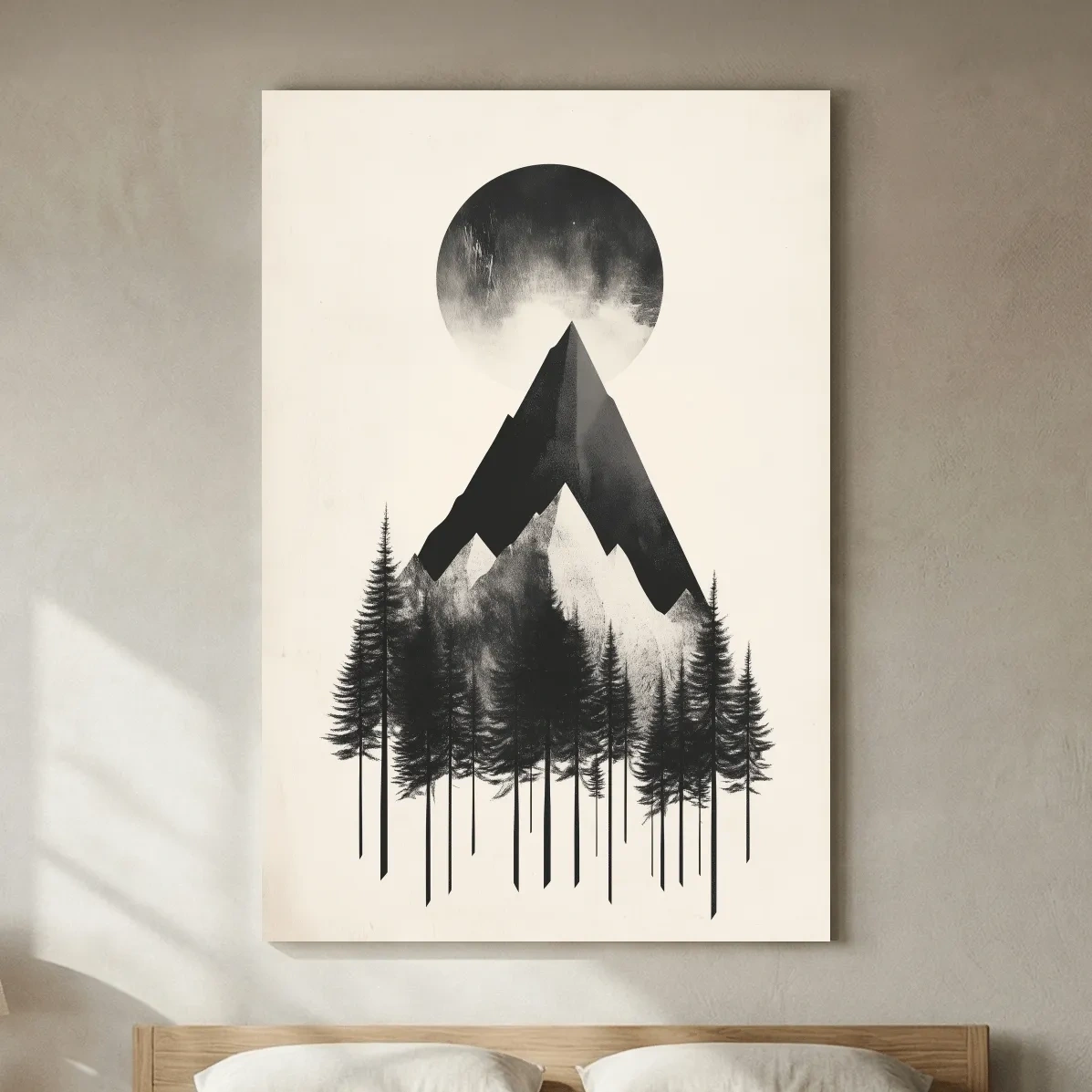 Minimalist Monochrome Mountain Peak & Pine Forest - Modern Scandinavian Style Wall Art