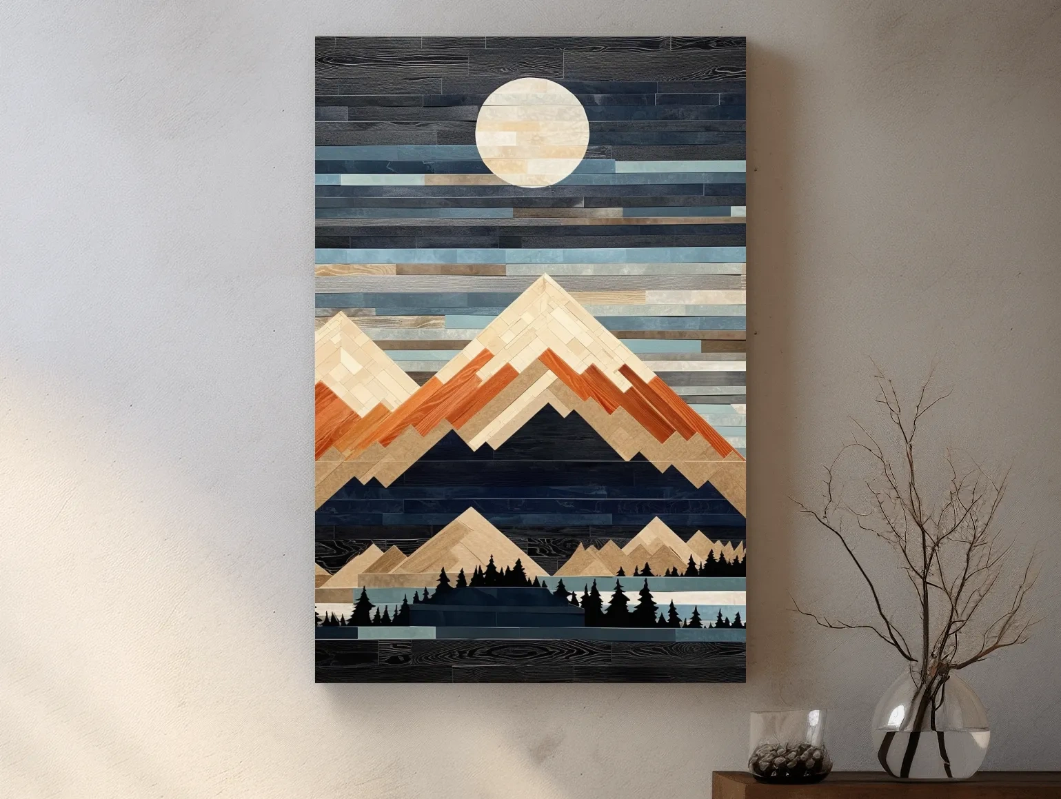 Geometric Wood Mosaic Mountain Range Under Full Moon - Modern Rustic Landscape Wall Art