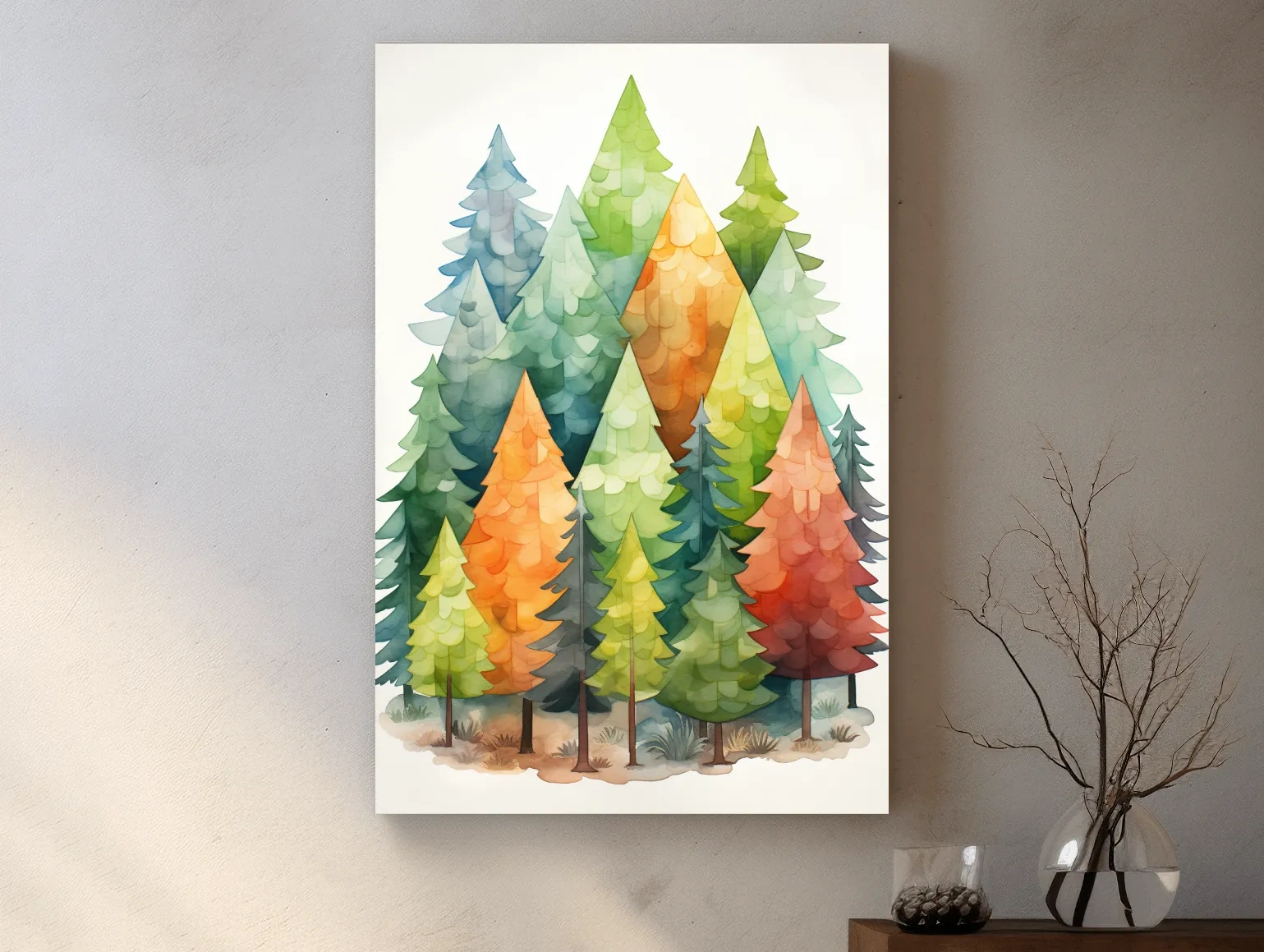 Whimsical Watercolor Pine Forest Illustration - Colorful Scandinavian Nature Wall Art