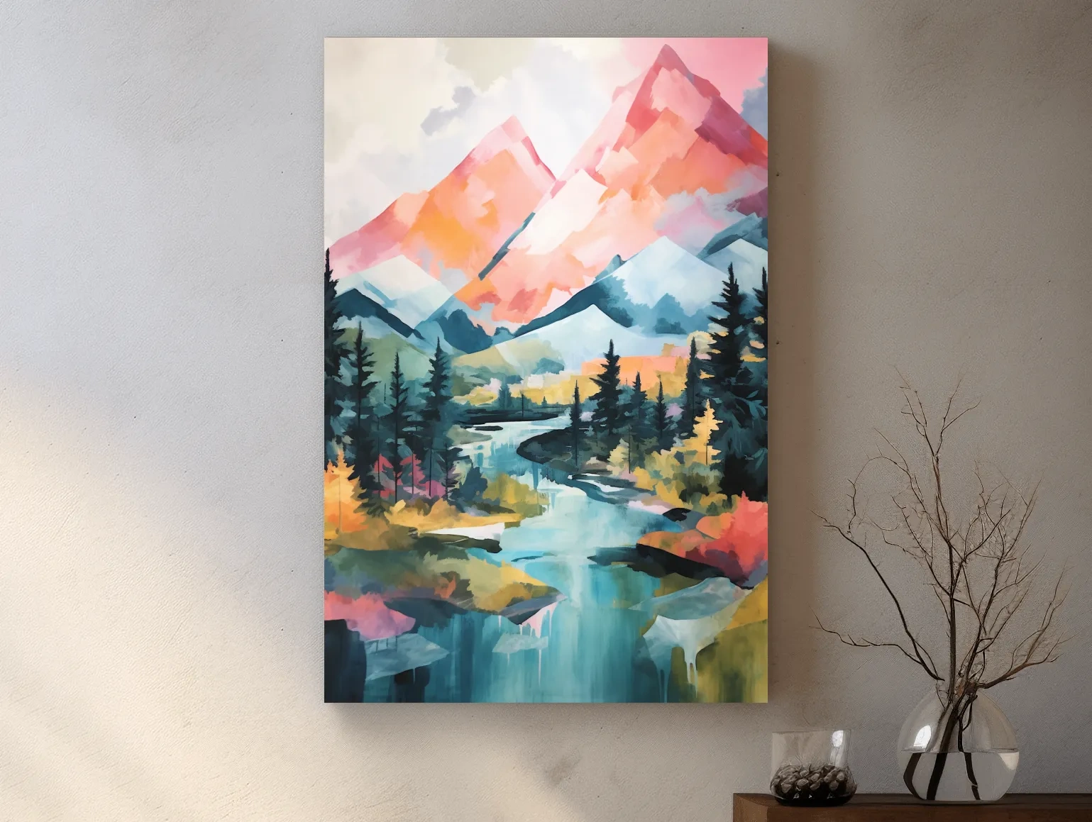 Vibrant Mountain River Landscape Painting - Colorful Alpine Forest Wall Art