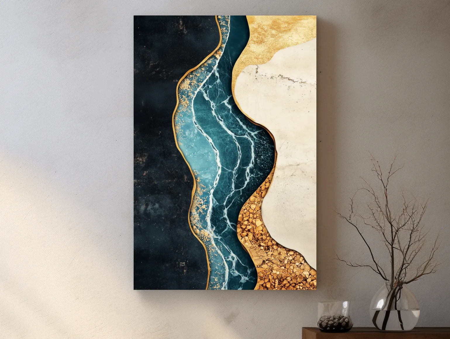 Luxurious Fluid Marble River Abstract - Gold Geode Resin Style Wall Art