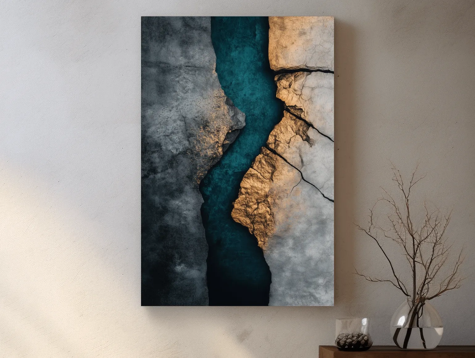 Teal River Canyon With Cracked Stone Texture - Modern Abstract Geode Wall Art