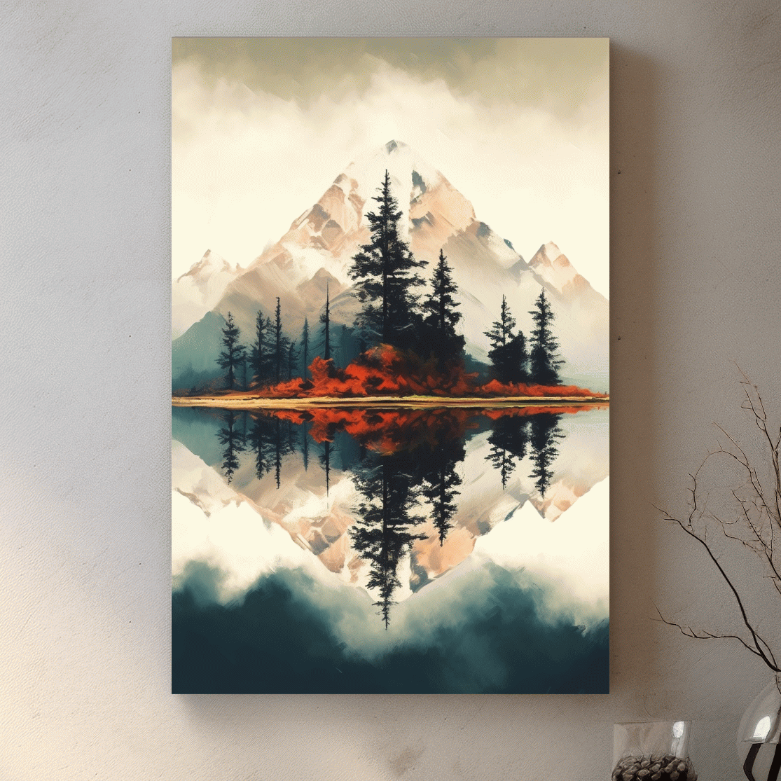 Minimal Mountain Lake Reflection With Pine Forest - Watercolor Landscape Wall Art
