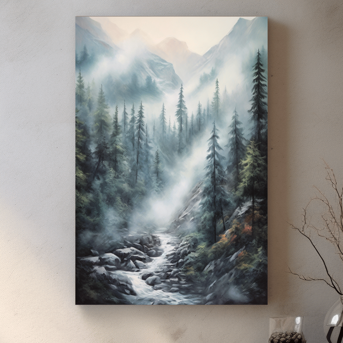 Misty Alpine Pine Forest River Painting - Moody Mountain Landscape Wall Art