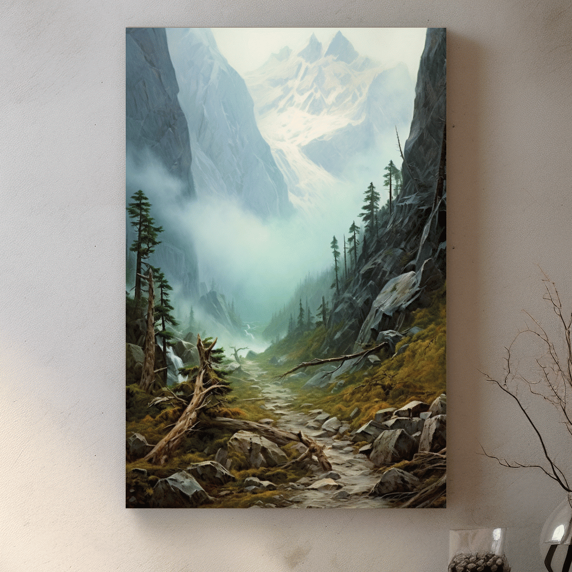 Misty Alpine Mountain Valley Painting - Foggy Pine Forest Wall Art