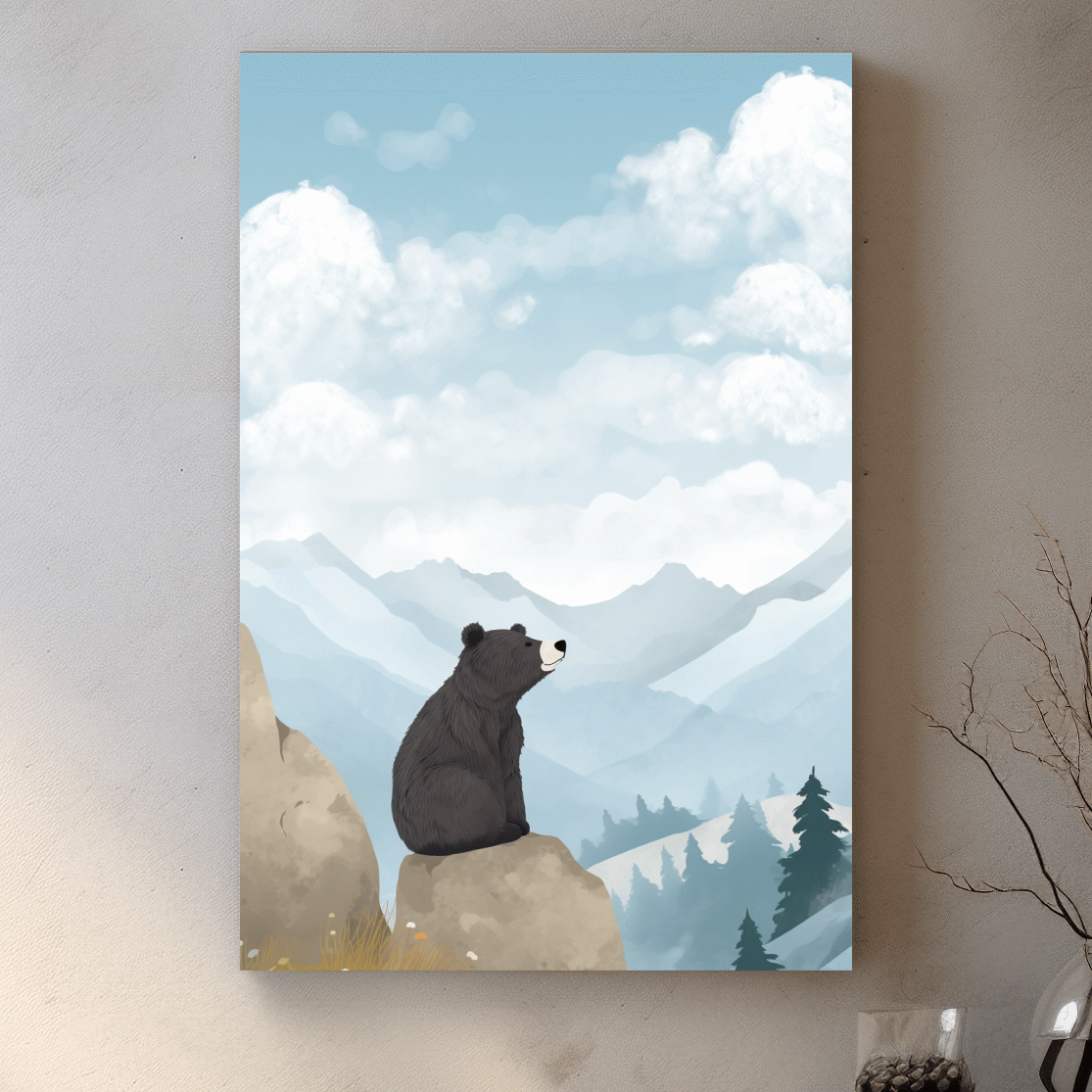 Whimsical Black Bear Mountain Landscape Illustration - Cute Animal Nursery Wall Art