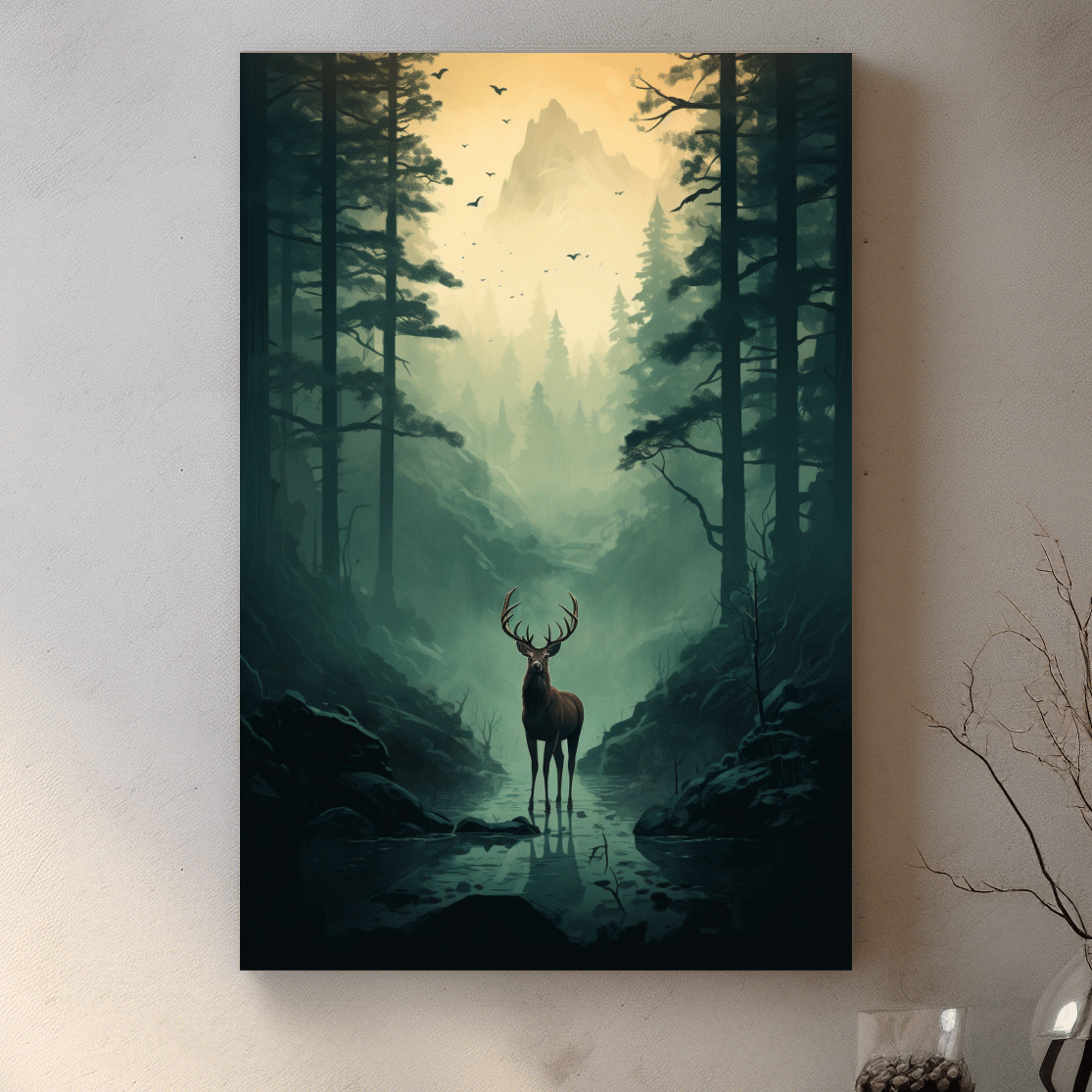 Moody Misty Forest Deer Stag Landscape - Atmospheric Wildlife Mountain Wall Art