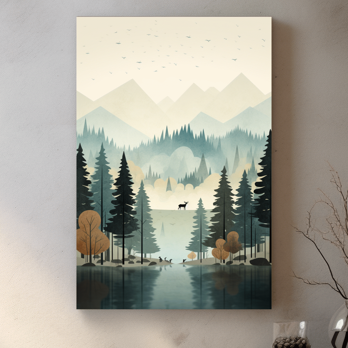 Alpine Lake Forest With Deer - Scandinavian Minimalist Wall Art