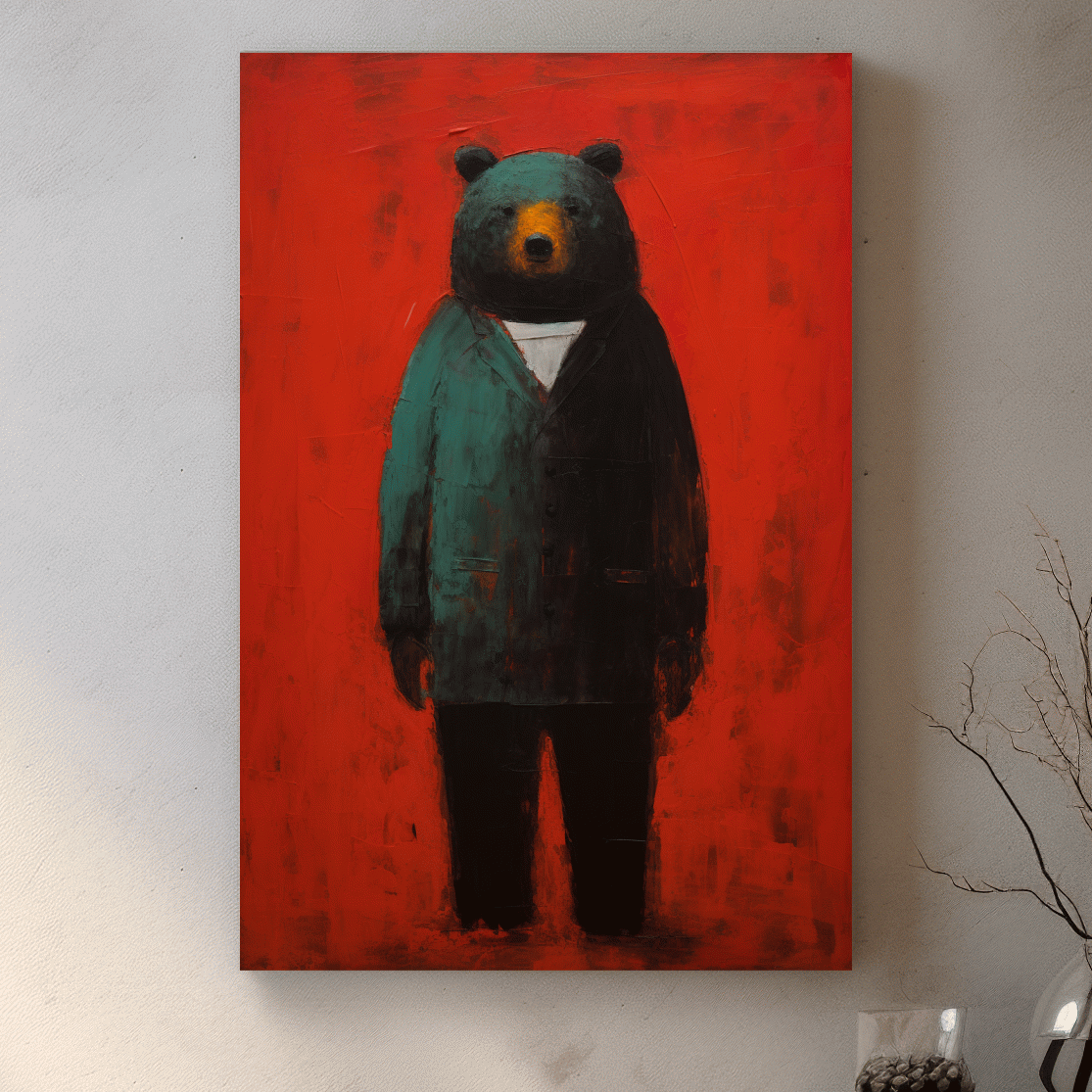 Moody Bear Wearing Suit Portrait Painting - Expressive Wildlife Wall Art