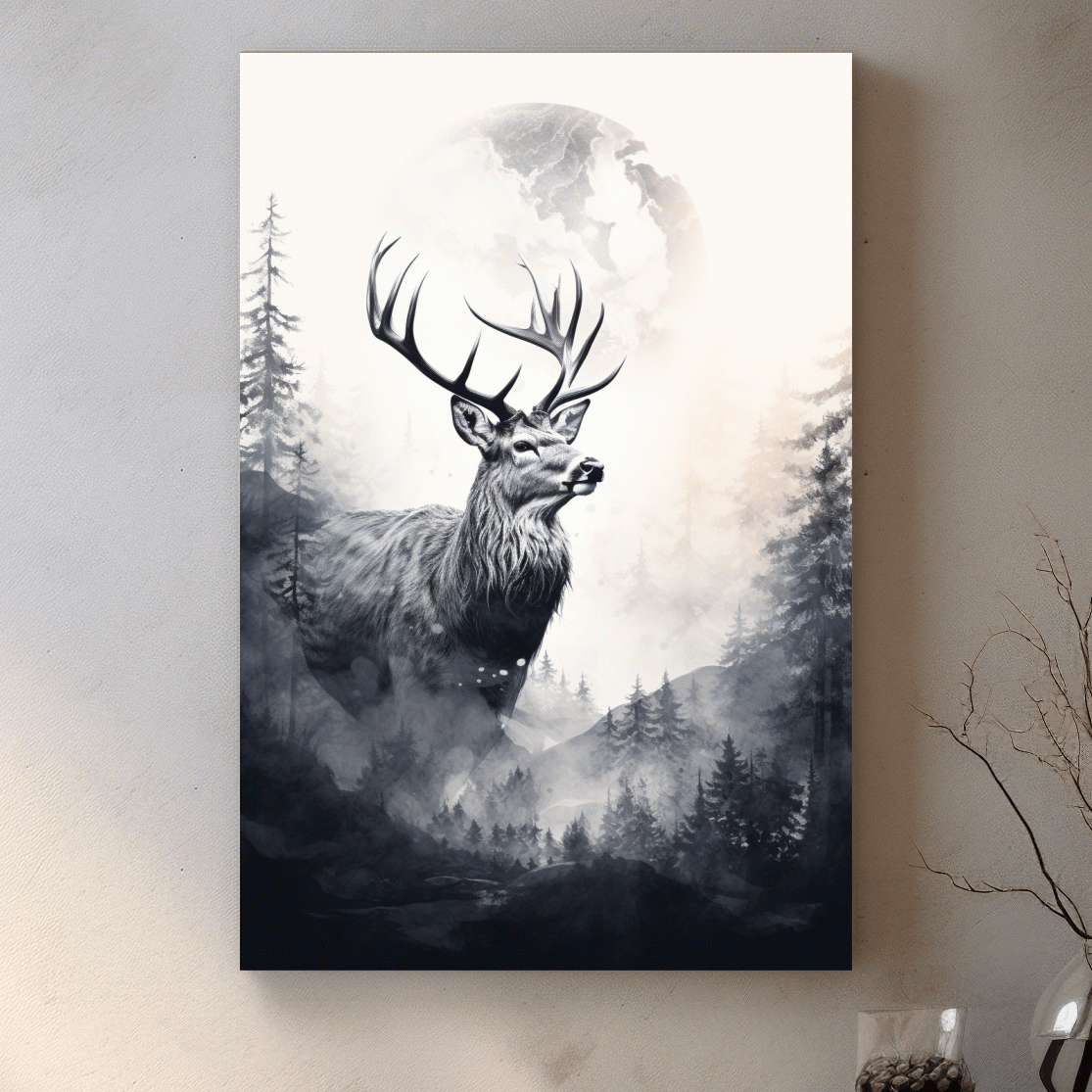 Majestic Stag In Misty Moonlit Forest - Double Exposure Wildlife Wall Art