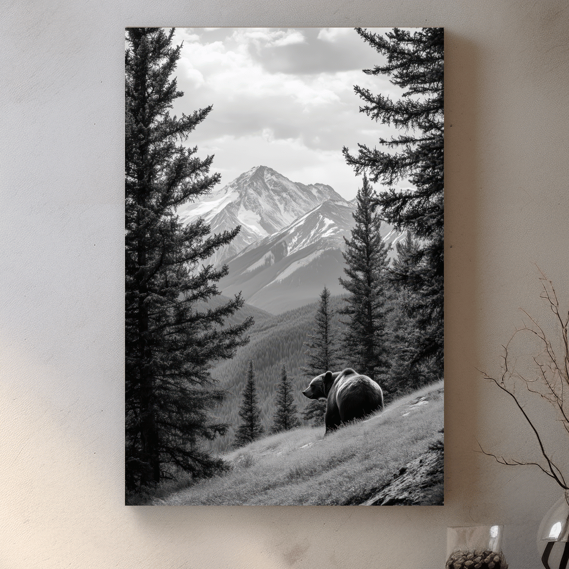 Black And White Grizzly Bear Alpine Meadow - Wilderness Nature Photography Wall Art