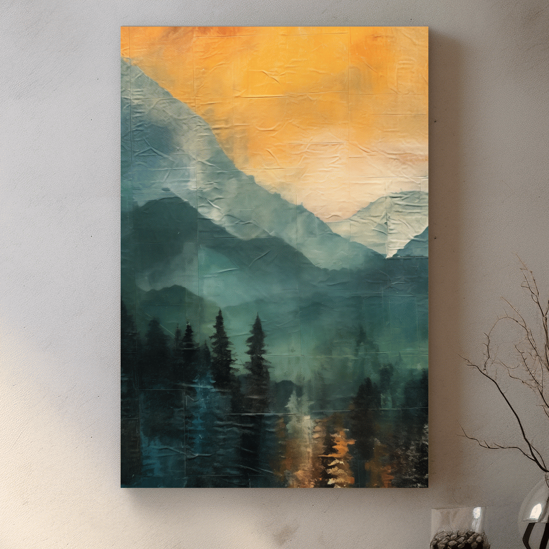 Rustic Misty Mountain Lake Reflection - Textured Watercolor Style Sunset Wall Art