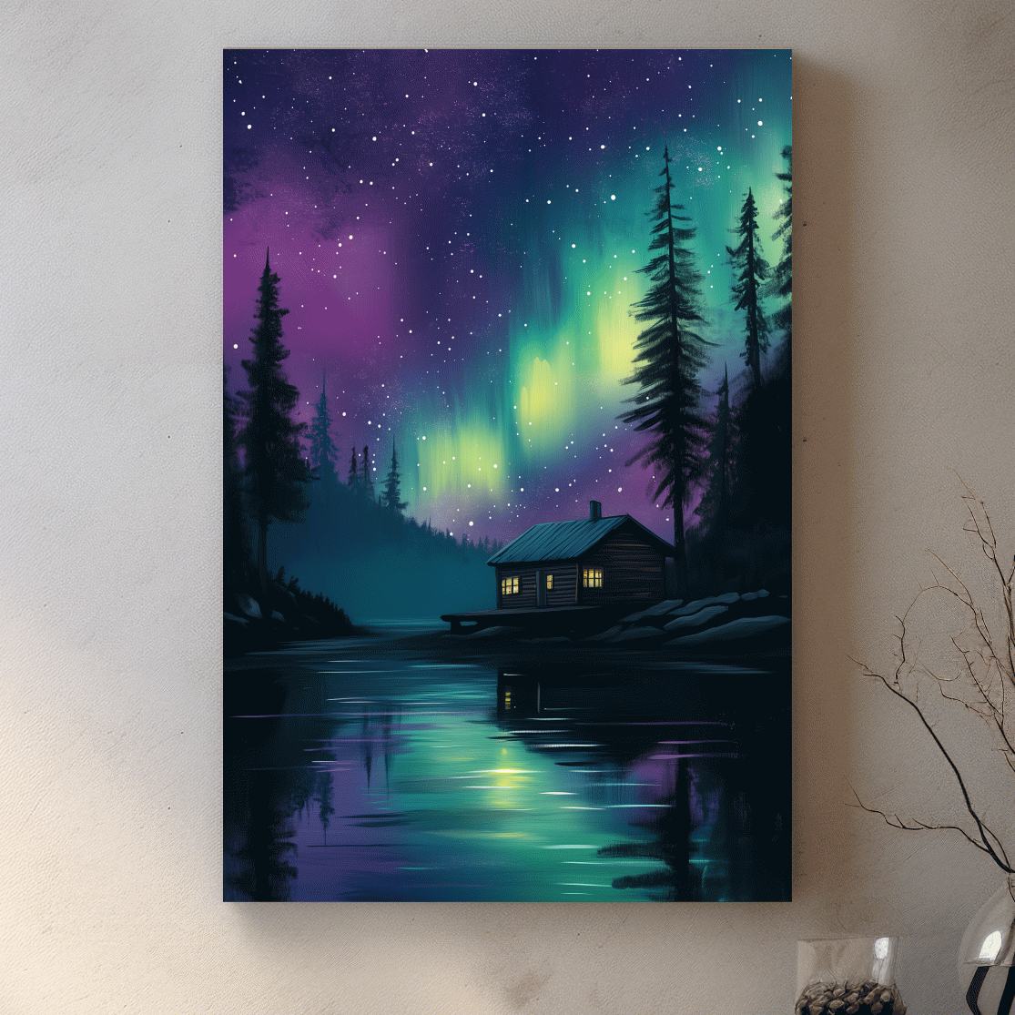 Aurora Borealis Lake Cabin Painting - Northern Lights Wall Art