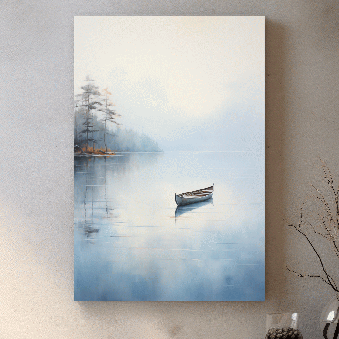 Misty Lake Canoe Reflection Painting - Serene Minimalist Waterscape Wall Art