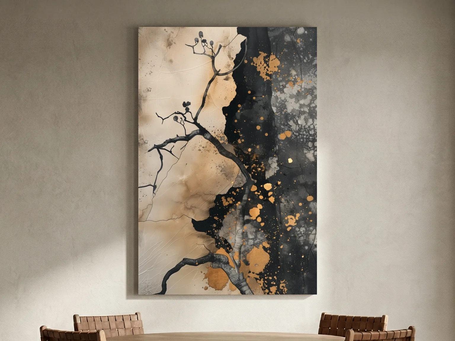 Ink Branch Silhouette With Gold Splatter - Modern Japandi Abstract Wall Art