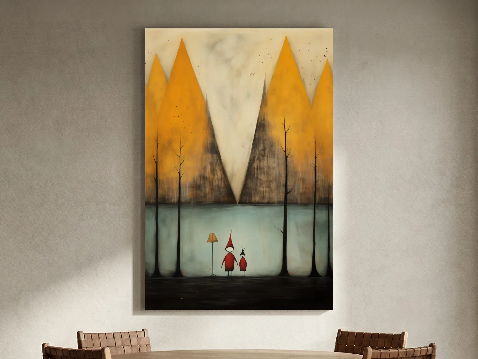 Whimsical Mountain Lake Scene Painting - Storybook Landscape Wall Art