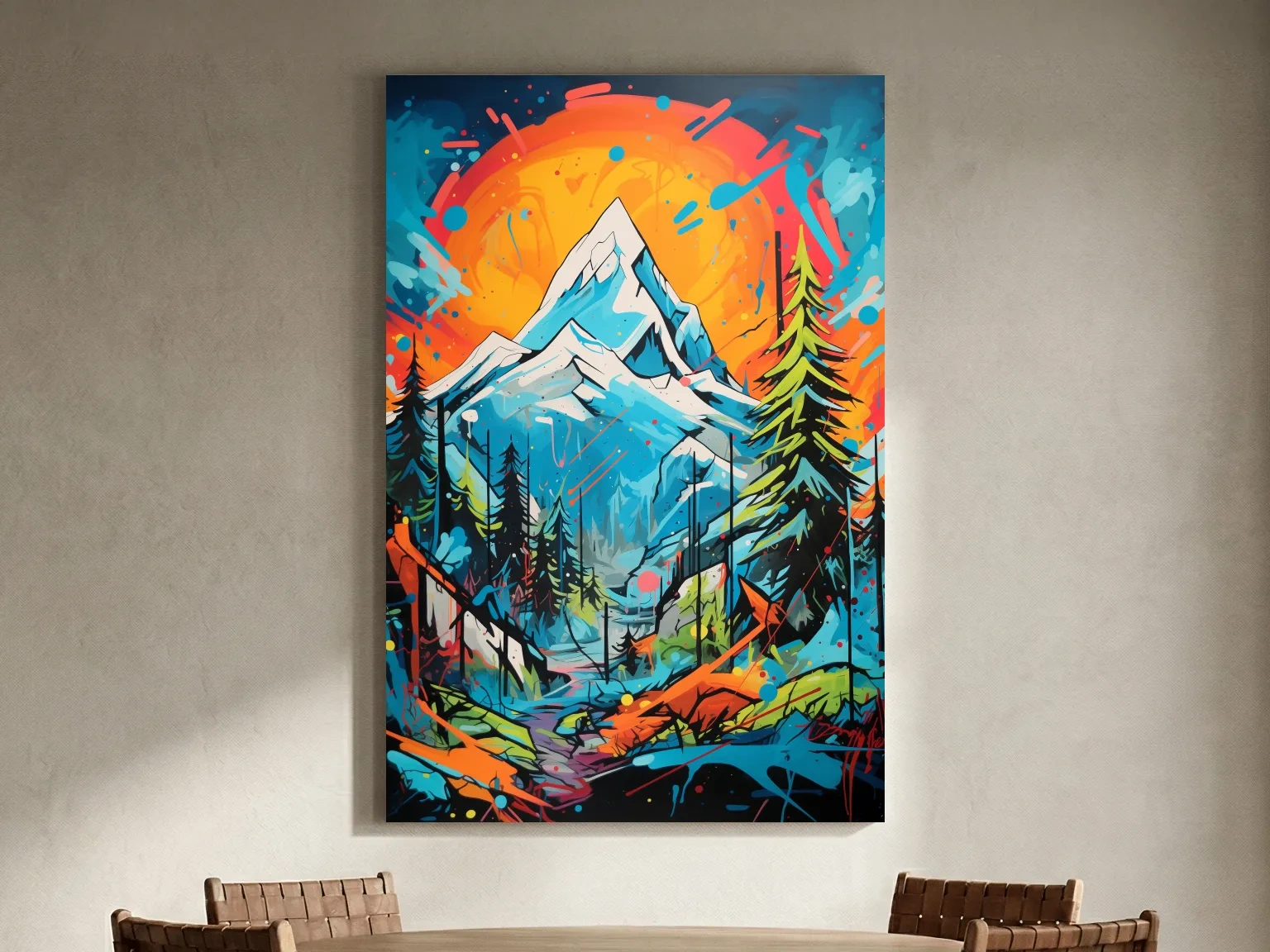 Vibrant Abstract Mountain Sunset Graffitti Painting - Colorful Pop Art Alpine Wall Art