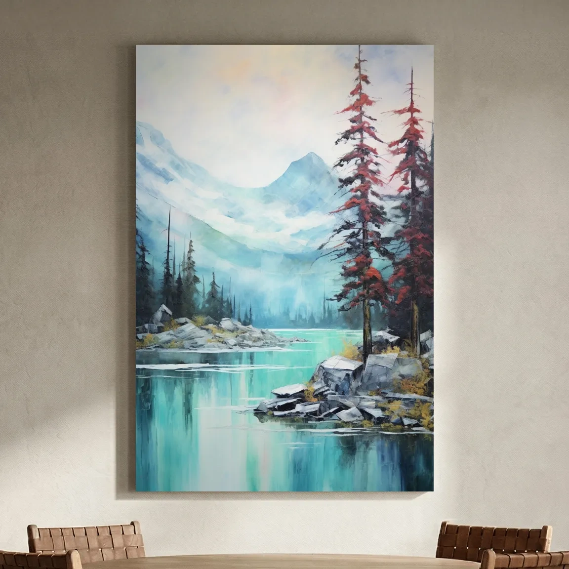 Misty Turquoise Alpine Lake Watercolor - Serene Mountain Landscape Wall Art