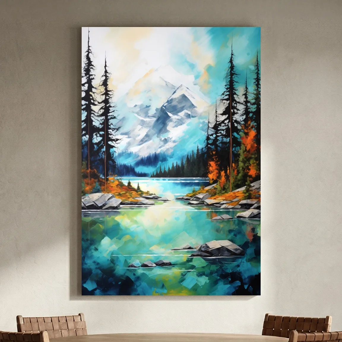 Turquoise Alpine Lake Mountain Painting - Colorful Watercolor Forest Wall Art