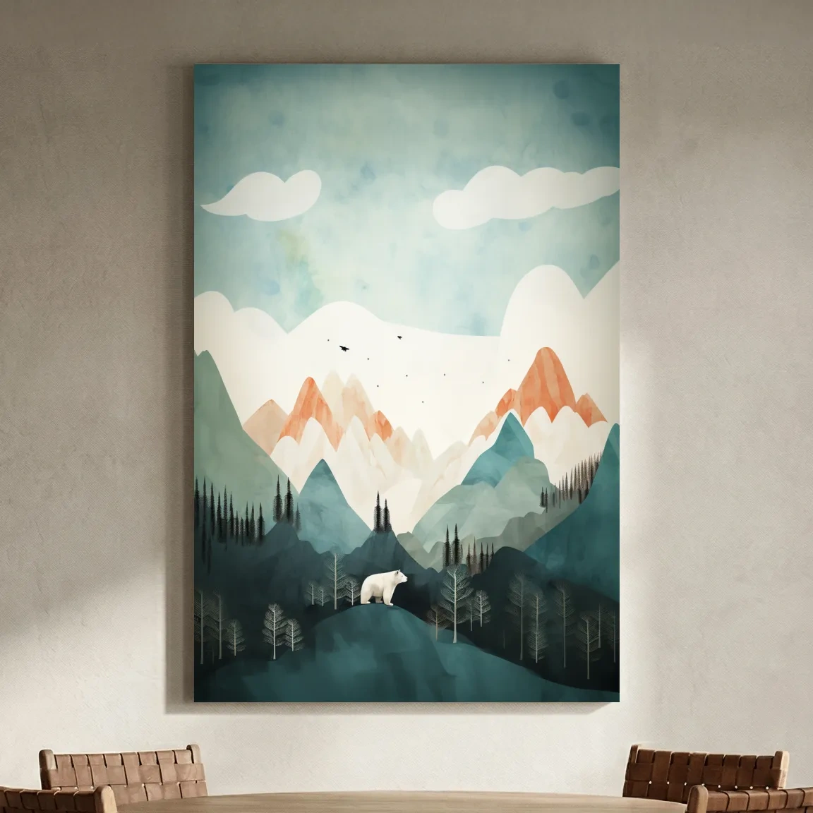 Whimsical Bear Alpine Mountain Landscape - Childrens Nursery Wall Art