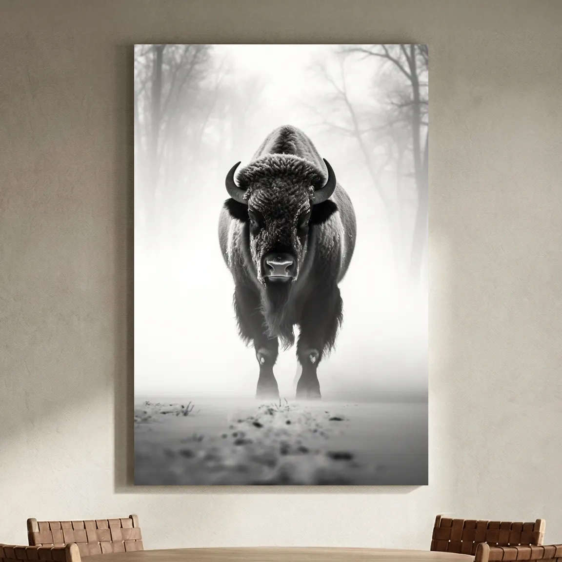 Moody Black And White Bison Portrait - Foggy Winter Wildlife Wall Art