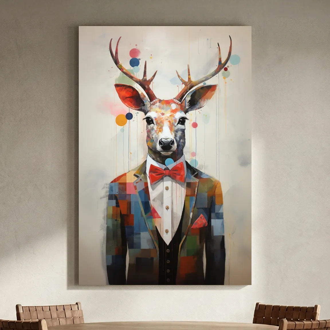 Dapper Watercolor Deer Tuxedo Portrait - Colorful Modern Wildlife Wall Art