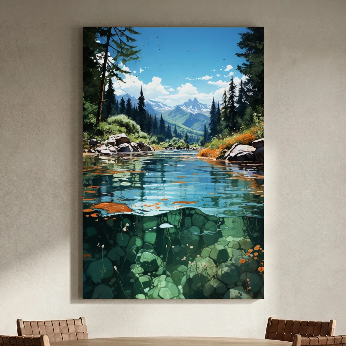 Crystal Clear Alpine River Landscape Illustration - Vibrant Mountain Forest Artwork